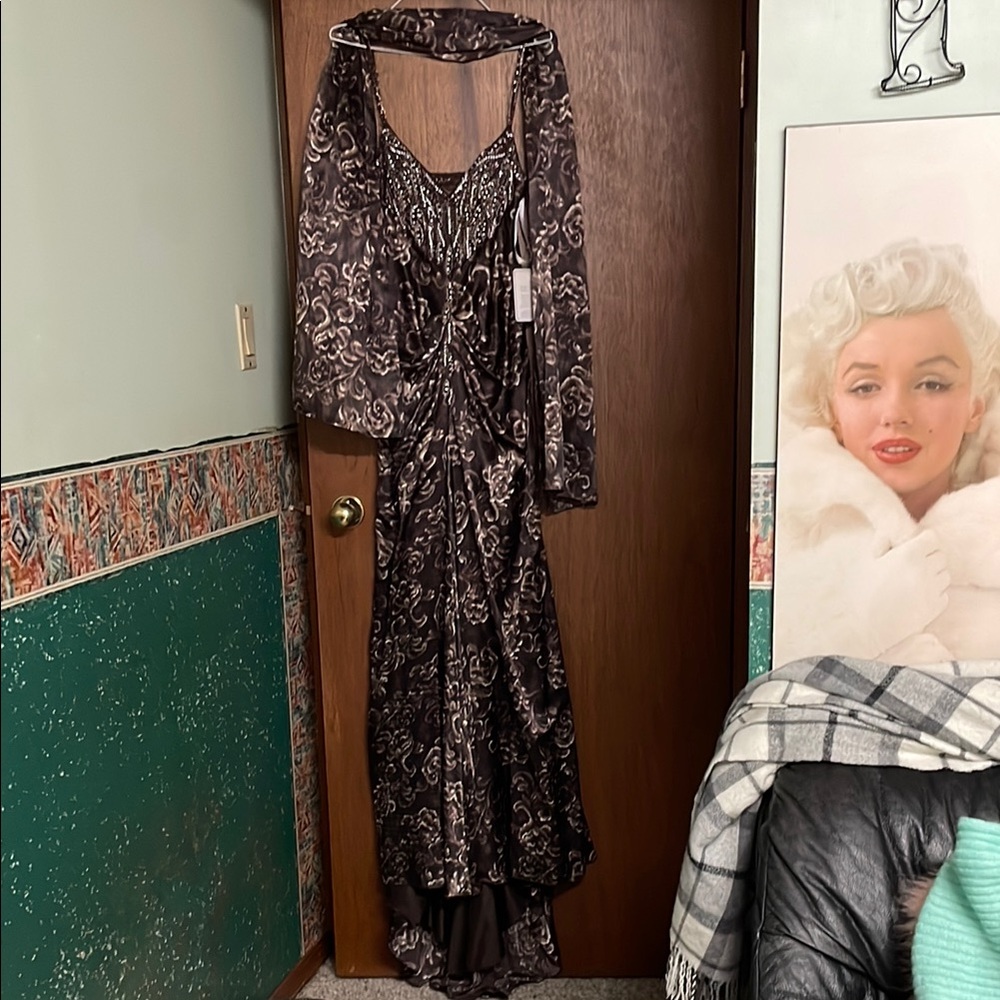 100% silk beaded formal trained maxi dress with matching shawl